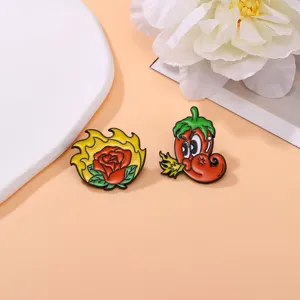 Cute cartoon rose and chili flame enamel pins alloy punk brooch badge for daily fashion clothes.