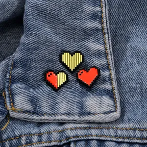 Cute pixel heart brooch pin for women, alloy drip oil badge accessory for denim jacket backpack.