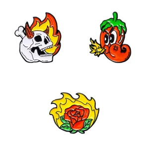 Punk style alloy enamel pins featuring flaming skull chili pepper and burning rose designs.