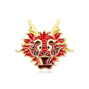 Chinesischer Drachenkopf Metall Emaille Brosche, exquisite rot goldene mode anstecknadel.