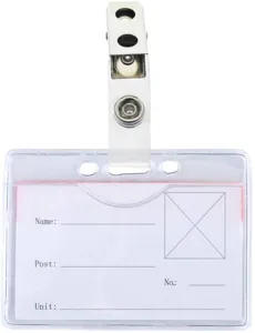 Clear plastic ID badge card holder with metal clip strap, durable horizontal card sleeve case.