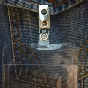 Metal badge clip with clear card holder ID pass dual hole clip for office school use.