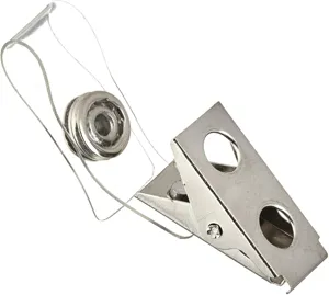 Metal ID badge clip with clear plastic strap, sturdy double hole design for secure card holder use.