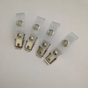 Clear plastic strap clips with metal bulldog clips and snap buttons for ID name badge holders.