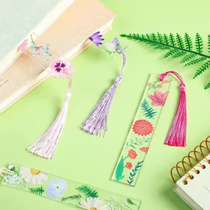 Hermosos marcadores de libros de acrilico transparente con flores y borlas finas