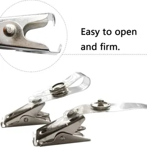 Metal badge clips with clear plastic straps, durable ID card holder alligator clips for office use.