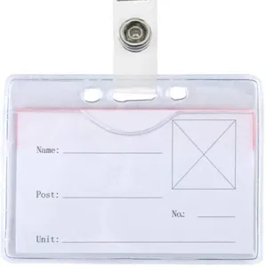 Clear plastic ID card badge holder with metal clip and insert card for office school work.