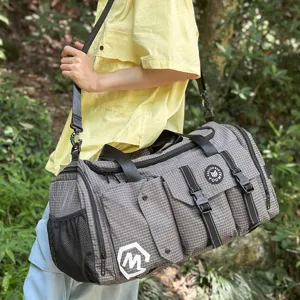 Large capacity travel duffel bag for men and women, waterproof grid sports fitness gym bag.