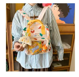 Cute girls mini backpack detail view featuring transparent front pocket and plush charm.
