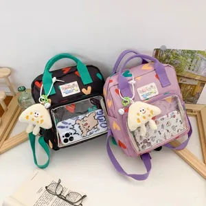 Cute casual backpack sweet school bag with transparent pocket and plush pendant for teen girls