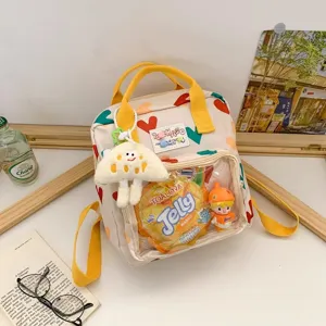 Cute canvas backpack with yellow straps heart print transparent front pocket sweet school bag.