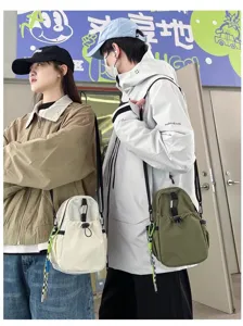 Korean style casual lightweight crossbody backpack detail, featuring drawstring and strap.