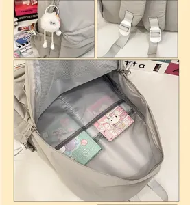 Grey casual multi-compartment school backpack detail view with shoulder straps and interior.