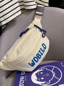 Casual Japanese chest bag with blue letter print, versatile crossbody bag for daily use.