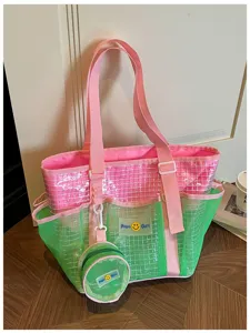 Pink green mesh tote bag with small pouch waterproof dry wet separation beach travel bag