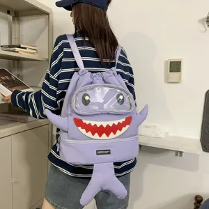 Cute cartoon shark backpack with 3D fins and tail, large capacity casual daypack for daily use.