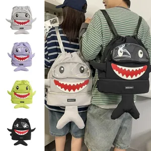 Cartoon shark backpack for students, large capacity casual daypack with cute 3D fin design.