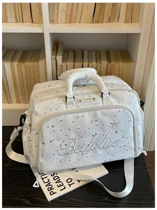 White star print travel duffel bag with shoulder strap, large capacity weekender bag.