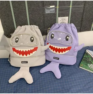 Cute cartoon shark drawstring backpack for students, large capacity outdoor travel bag.
