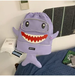 Cartoon shark backpack large capacity cute purple school bag for students outdoor travel