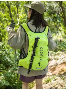 Fluorescent green outdoor hiking backpack, waterproof vest style travel bag for camping.