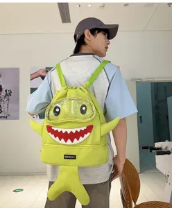 Cartoon shark backpack for men and women, large capacity travel school bag with clear window.