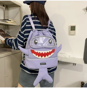 Cartoon shark backpack for students, large capacity casual travel daypack with transparent window.