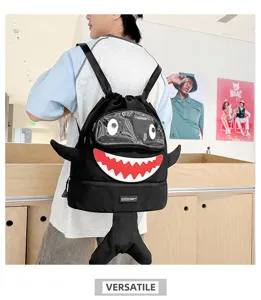 Cartoon shark backpack for students and travel, cute waterproof school bag with large capacity.