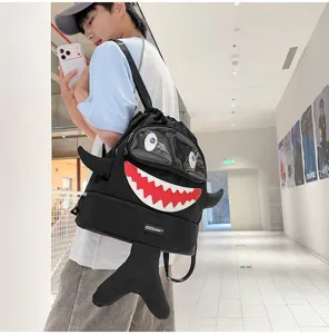 Cartoon shark backpack for men and women, large capacity travel school bag with shark design.
