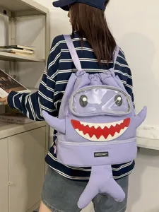 Cartoon shark backpack for students, cute purple large capacity travel bag with shoe compartment.