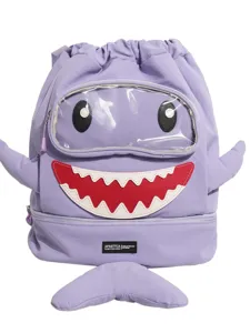 Cartoon shark backpack for students, cute purple large capacity travel bag with shoe compartment.