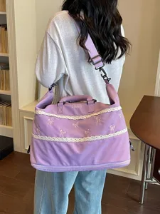 Large capacity purple travel duffel bag with cute lace trim and bow embroidery, ideal.