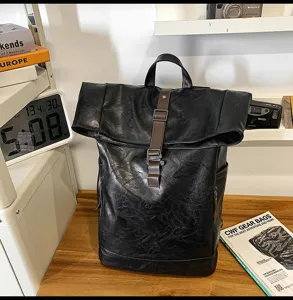 Classic black roll-top backpack with brown strap stylish casual travel computer bag for men and women