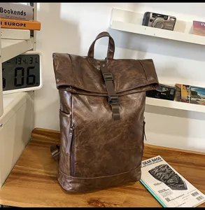 Vintage PU leather roll-top backpack for men and women, stylish casual travel laptop bag.