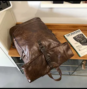 Dark brown retro backpack detail view, vintage PU leather school bag for casual travel daily.