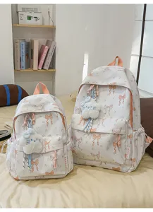 Japanese style sweet bow print backpack with cute plush pendant, high capacity travel bag.