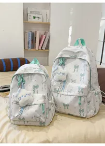 Japanese bow print school backpack cute cat plush pendant large capacity student casual travel bag
