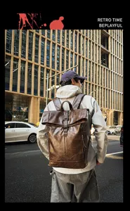 Retro PU leather backpack for men stylish casual travel school bag daily commute brown