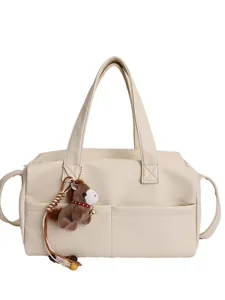 Beige leather tote bag for women, large capacity daily shoulder crossbody bag with cute horse charm.