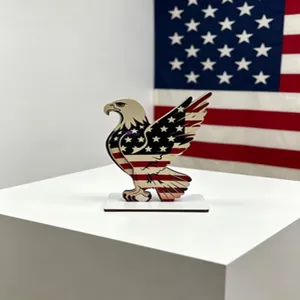 Independence day wooden bald eagle ornament with us flag print for desktop decor and gifts.