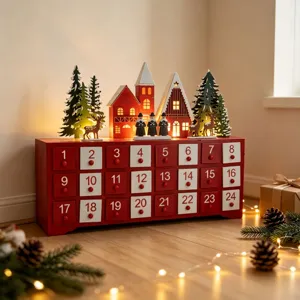 Wooden Christmas advent calendar decoration with LED lights and festive home countdown decor.
