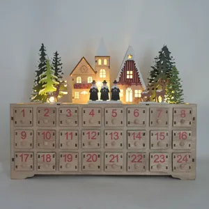 Wooden Christmas advent calendar with 24 drawers, LED light village decor, holiday tabletop craft.