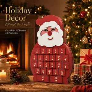 Wooden Christmas advent calendar detail featuring Santa design with twenty-four drawers.