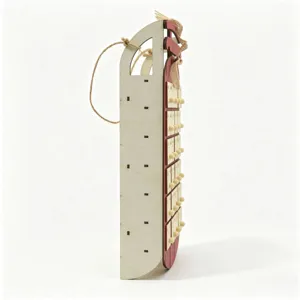Close-up view of the wooden sled advent calendar, showing side structure and natural wood finish.