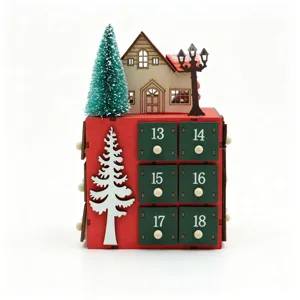 Wooden Christmas advent calendar detail, holiday countdown drawer decor, festive home ornament.