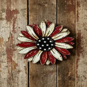 Rustic patriotic sunflower wall hanging detail, red white and blue star design for holiday decor.