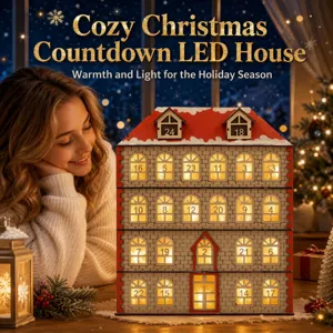 Detail view of the Christmas countdown wooden house featuring warm LED lights and numbers.