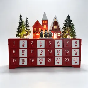 Wooden Christmas advent calendar detail view, LED lighted holiday countdown drawer decor.
