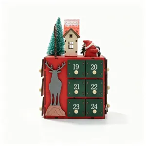 Wooden Christmas advent calendar with drawers, holiday countdown decoration for home.