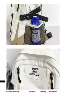 Detail des neutralen Canvas-Rucksacks mit langlebigen Schnallen, Netztasche und Frontstickerei.